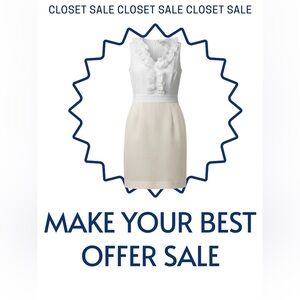 Ann Taylor Loft White and Gold Knee Length Dress w/ Ruffled Neckline & Pockets